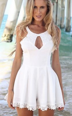 F2271-1 PLEATED PLAYSUIT WITH LACE INSERT AND CUTOUT DETAIL